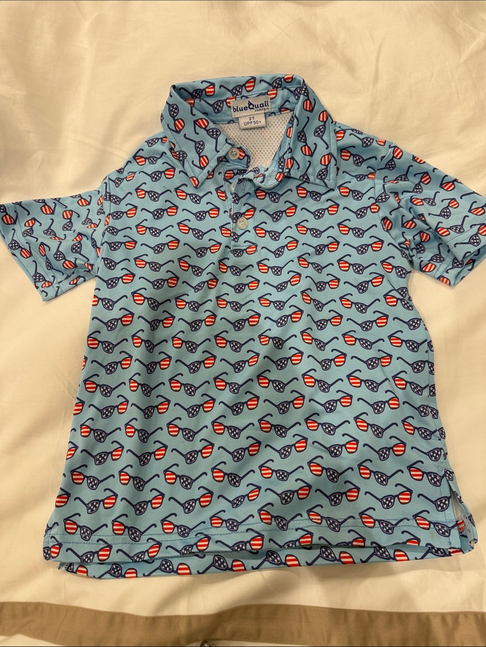 Blue Quail -  Light Blue Polo with Red & Navy Sunglass Print